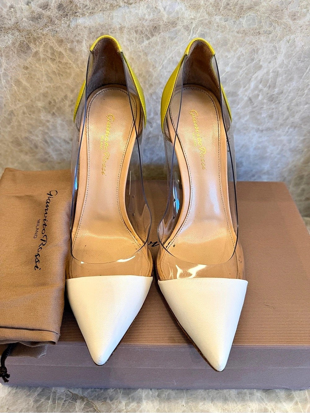 Gianvito Rossi Plexi Pumps Off-White Nappa & Lime PVC Pointed Toe Heels 38